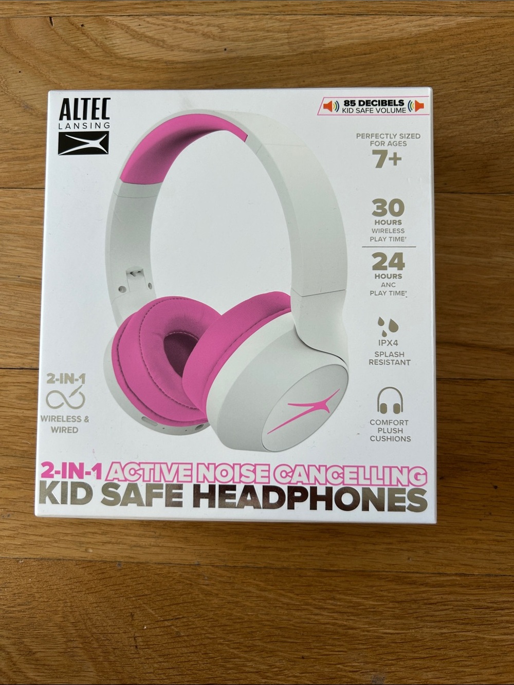 Altec Lansing Kids Over-Ear Headphones — White & Pink, Active Noise Cancelling